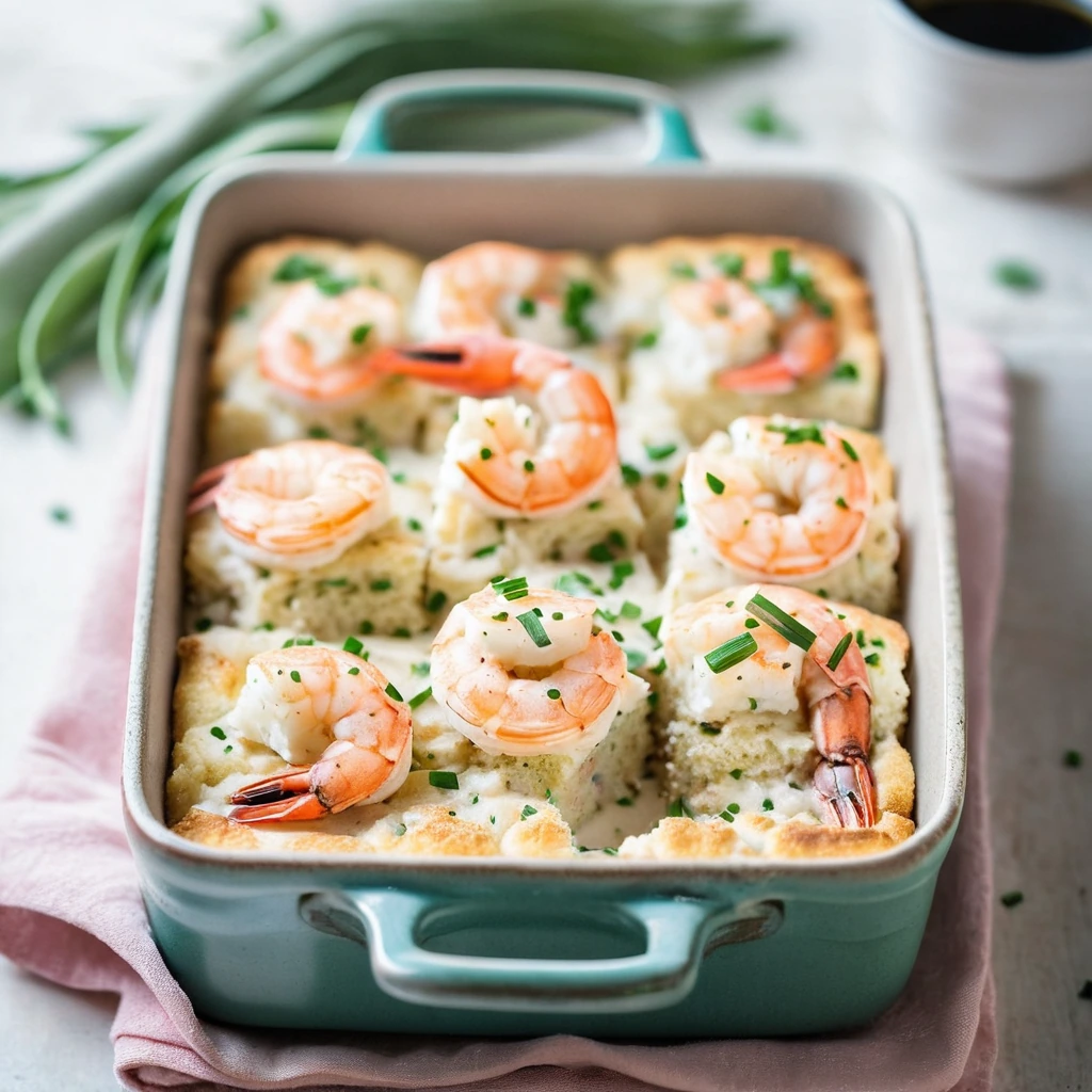 Golden biscuits topped with creamy grits, pink shrimp, and a sprinkle of green chives in a baking dish.
