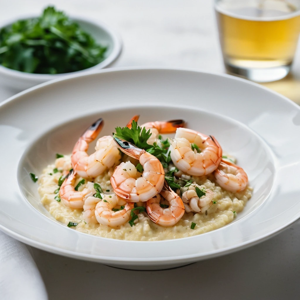 Golden grits topped with sautéed shrimp in a glossy garlic butter sauce served in a white bowl.