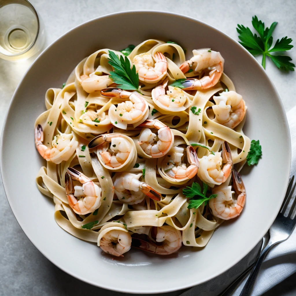 Golden shrimp over a bed of fettuccine with a creamy white sauce, sprinkled with parsley.