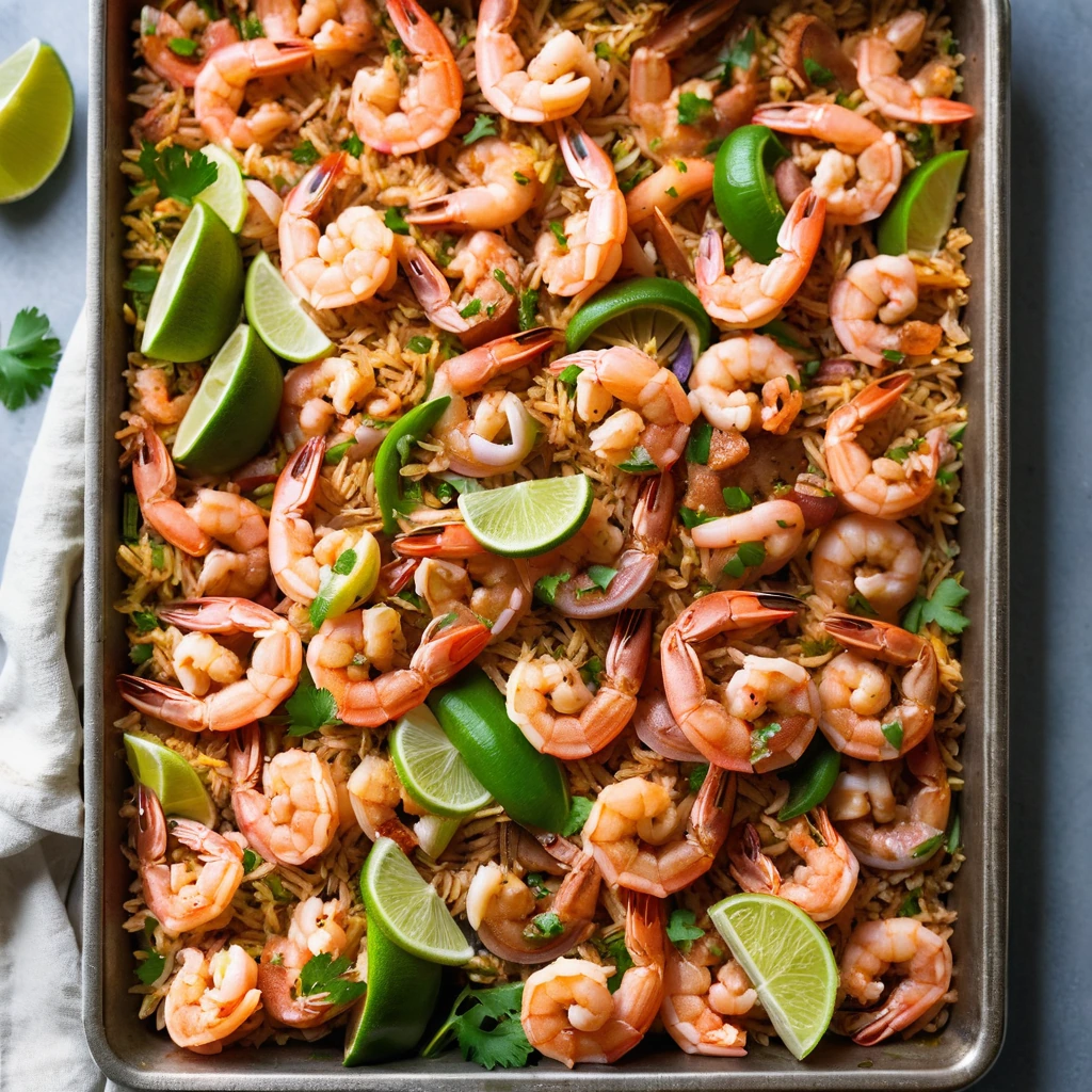 Colorful shrimp and sausage scattered over golden rice on a sheet pan, with hints of green bell pepper and red onion.