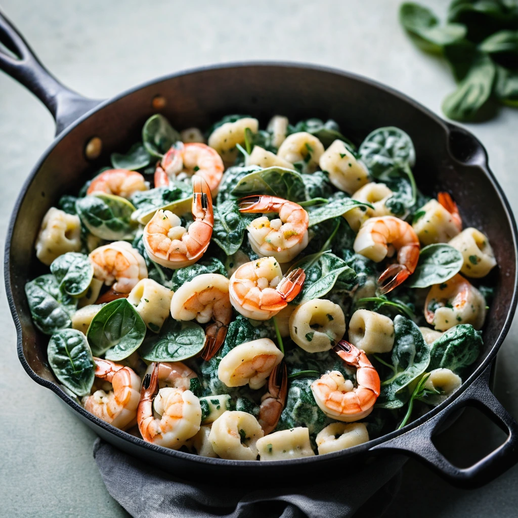 Gnocchi nestled with shrimp and spinach in a creamy sauce, served sizzling in a skillet.