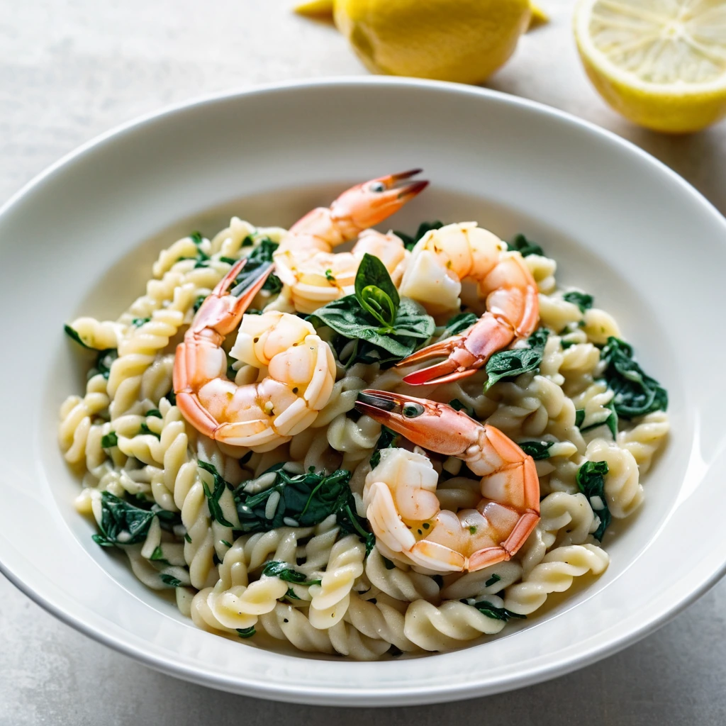 Golden orzo pasta with juicy shrimp and wilted spinach in a glossy lemon cream sauce served in a white bowl.