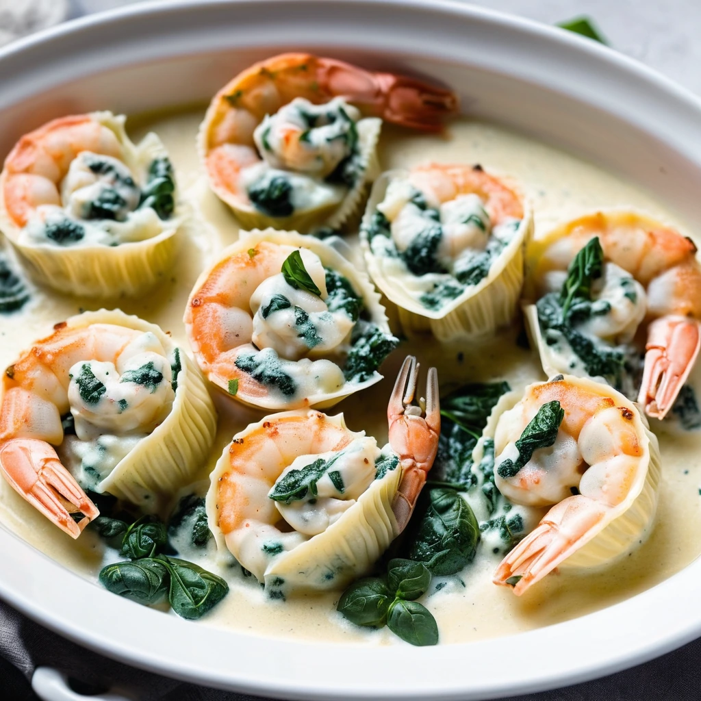 Large pasta shells filled with shrimp and spinach, smothered in a creamy white sauce, sprinkled with melted cheese, served in a round baking dish.