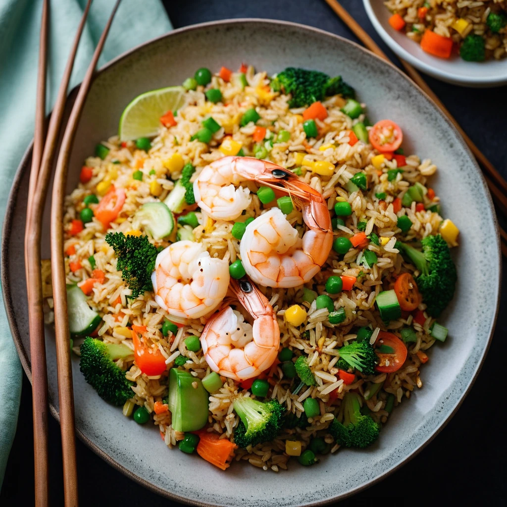 Golden fried rice in a pan, mixed with vibrant vegetables, shrimp, and scrambled egg, all glistening with soy sauce.