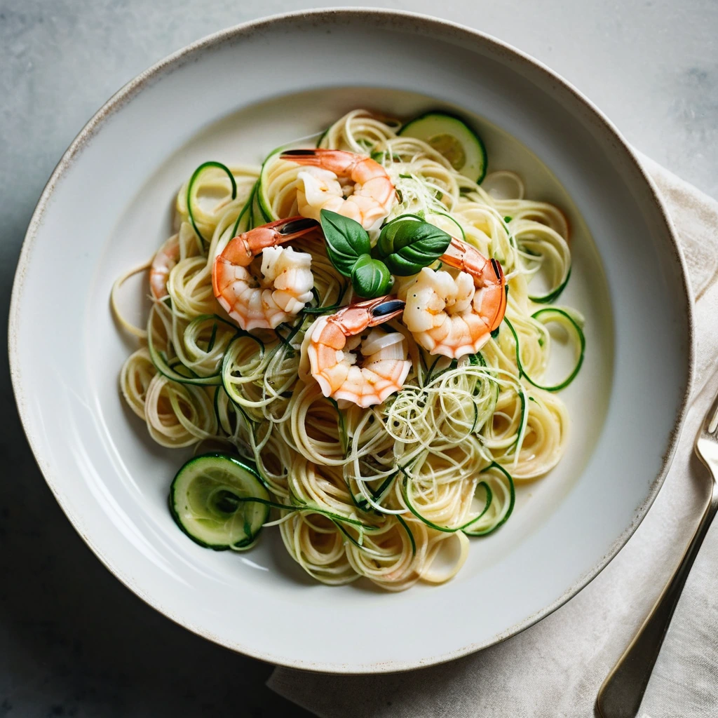 Golden shrimp and zucchini ribbons over a nest of angel hair pasta, drizzled with a glossy garlic butter sauce.