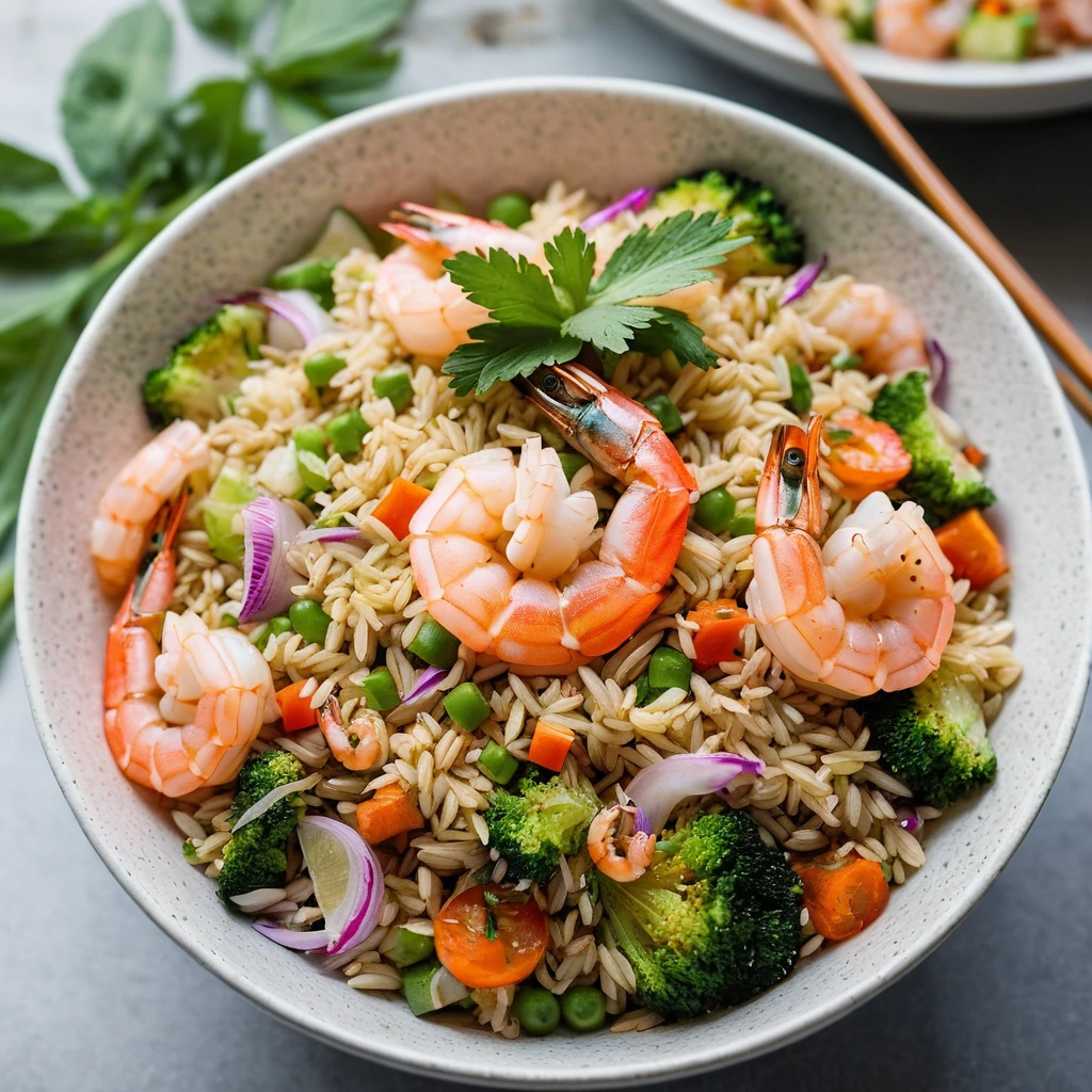 Golden fried rice topped with pink shrimp and a medley of vibrant vegetables in a large white bowl.