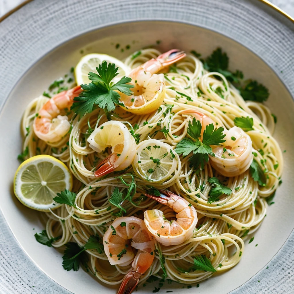 Golden shrimp over a tangle of pale angel hair pasta, drizzled with lemon sauce and garnished with green parsley.