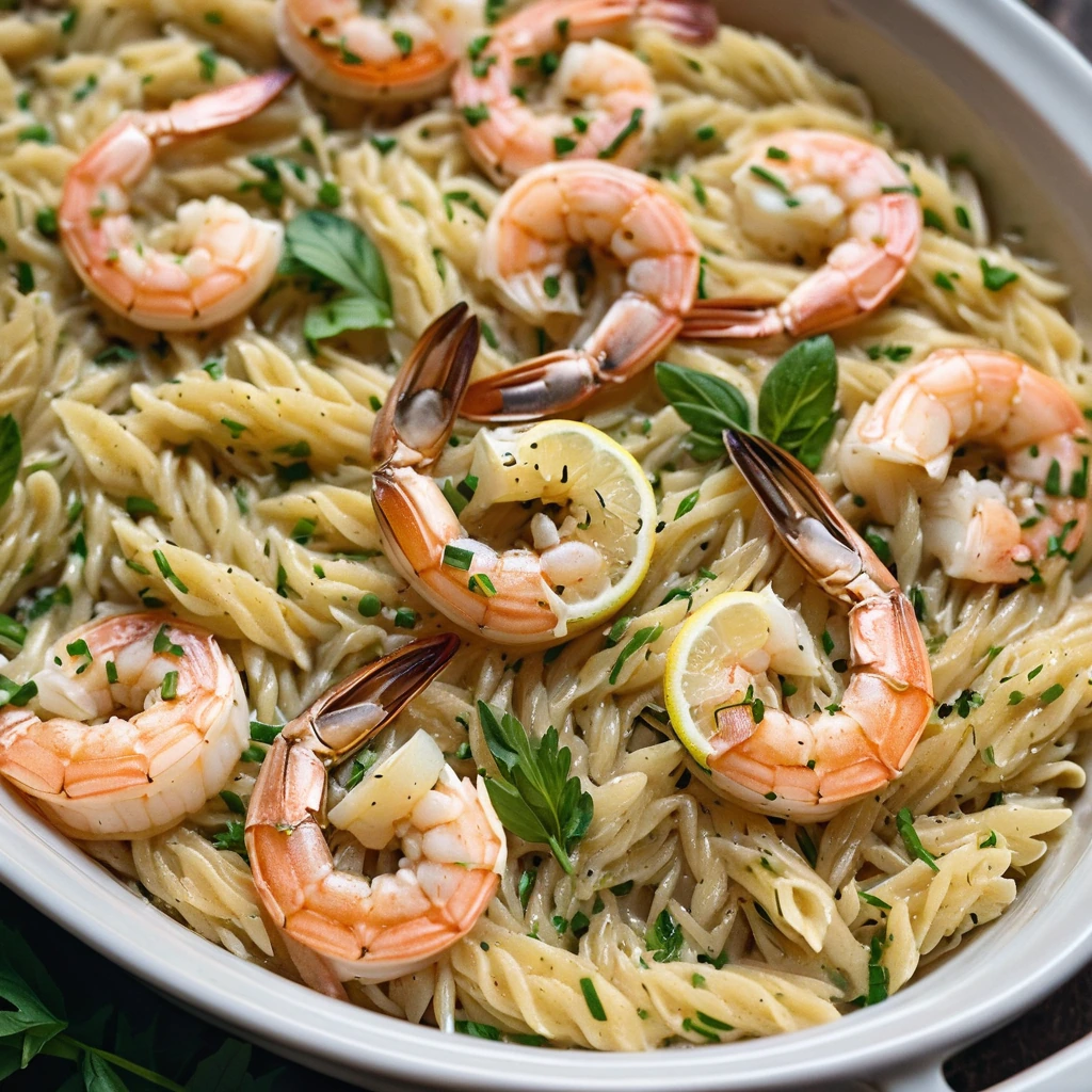 Baked orzo casserole with shrimp, lemon zest, and melted Parmesan cheese on top.