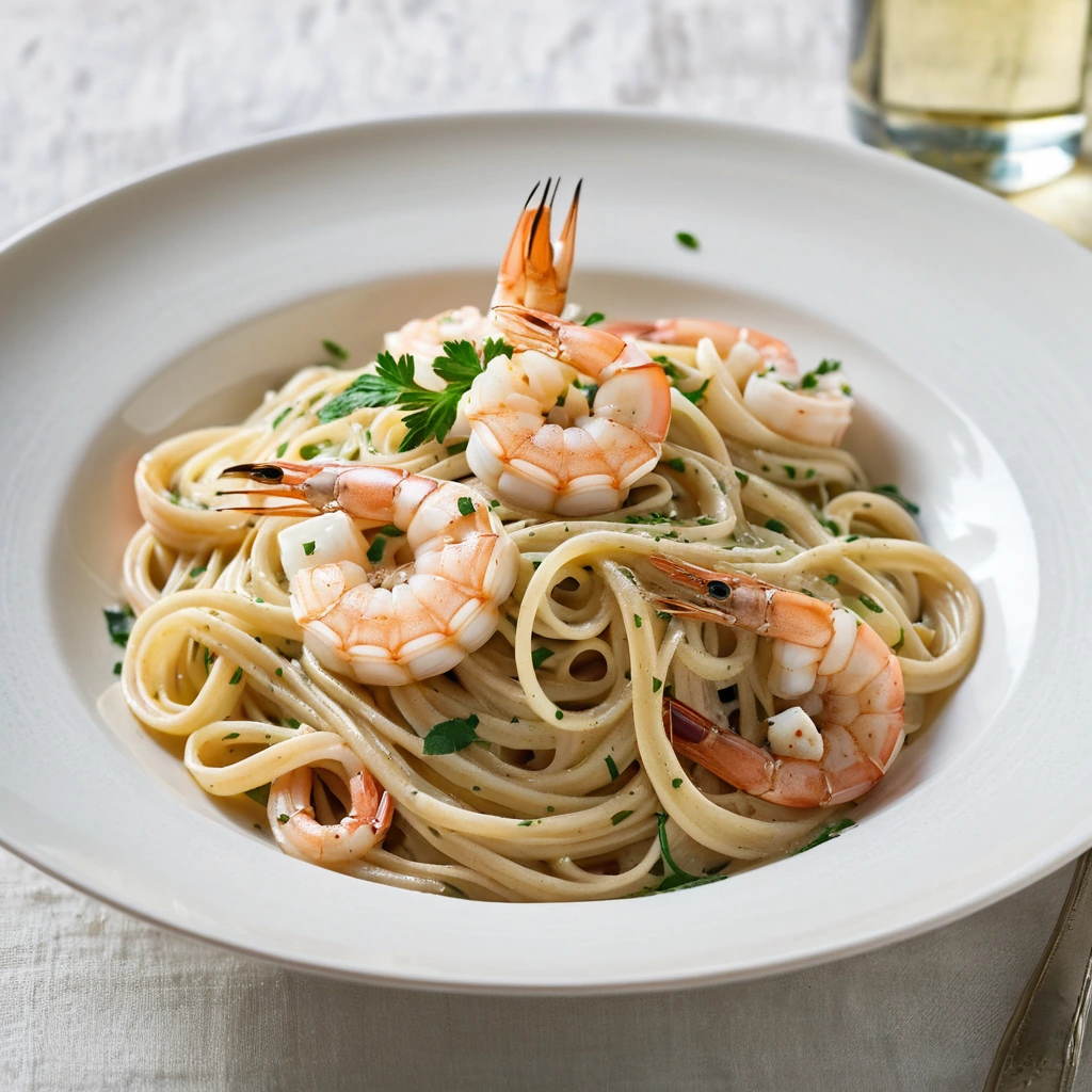 Linguine twirled on a fork with golden shrimp and a glossy white sauce, sprinkled with parsley.