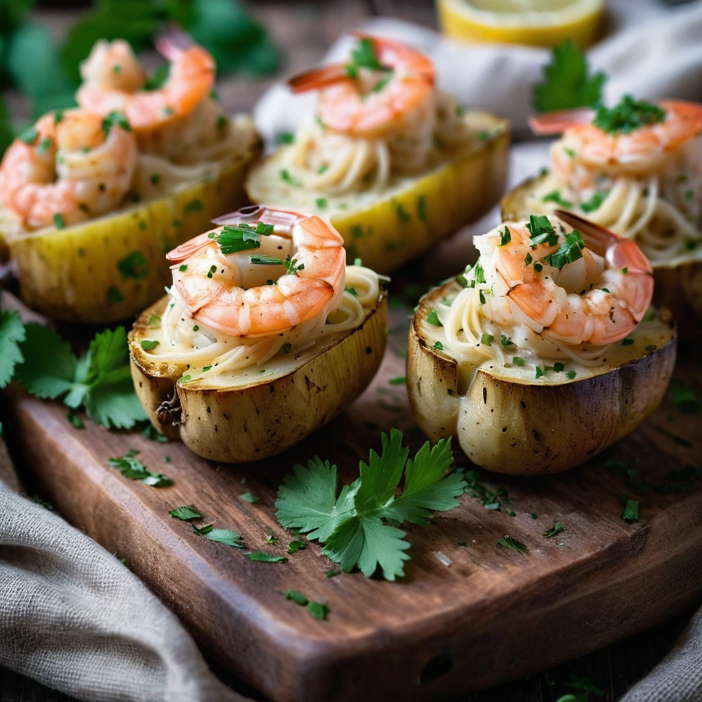 Four halved baked potatoes filled with shrimp, nestled on a rustic wooden board, drizzled with a golden sauce and garnished with parsley.