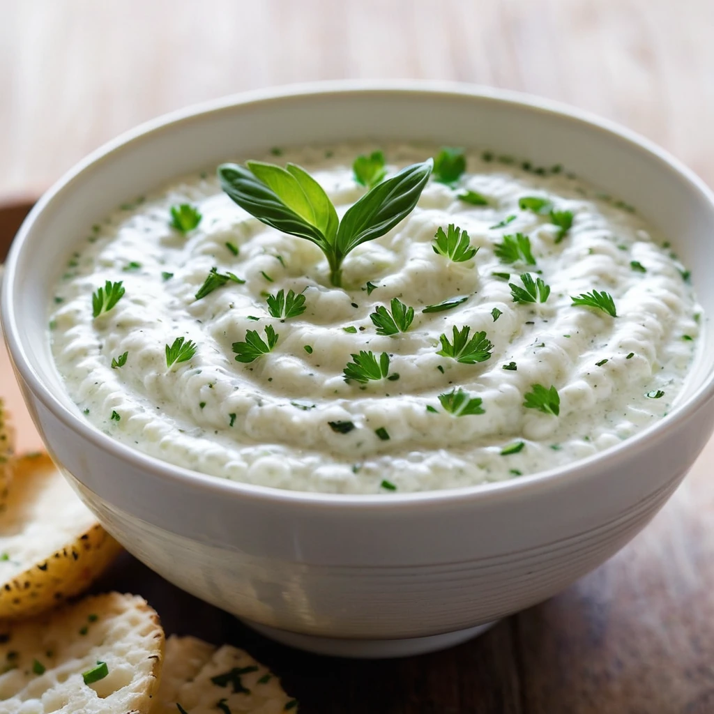 Bowl of smooth white garlic dip with a drizzle of olive oil and sprinkle of parsley.