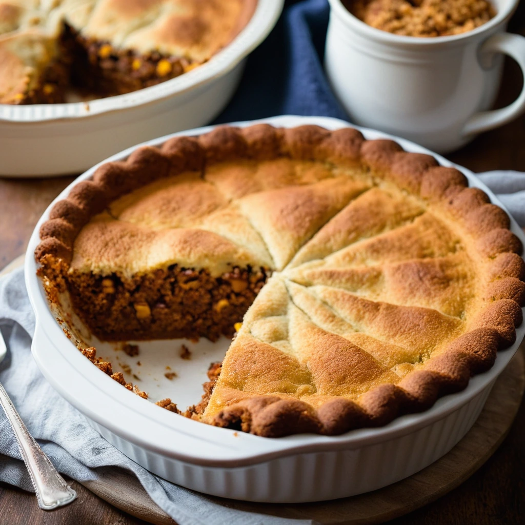 Browned cornbread crust over a rich, red sloppy joe filling in a round baking dish.