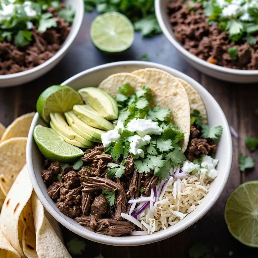 Bowl filled with shredded beef, rice, beans, lettuce, and cheese, garnished with cilantro.