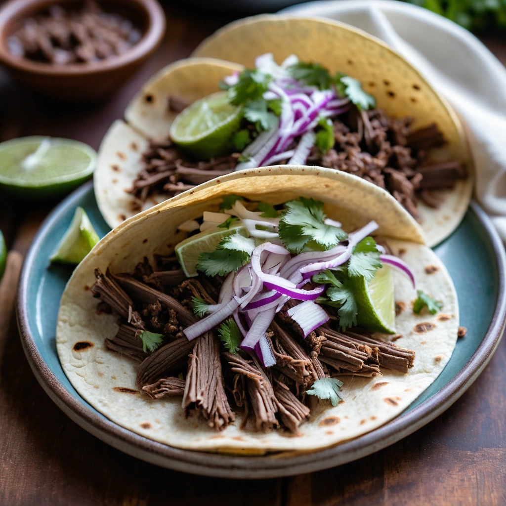 Warm corn tortillas filled with shredded beef, topped with fresh cilantro and diced onions on a rustic wooden board.