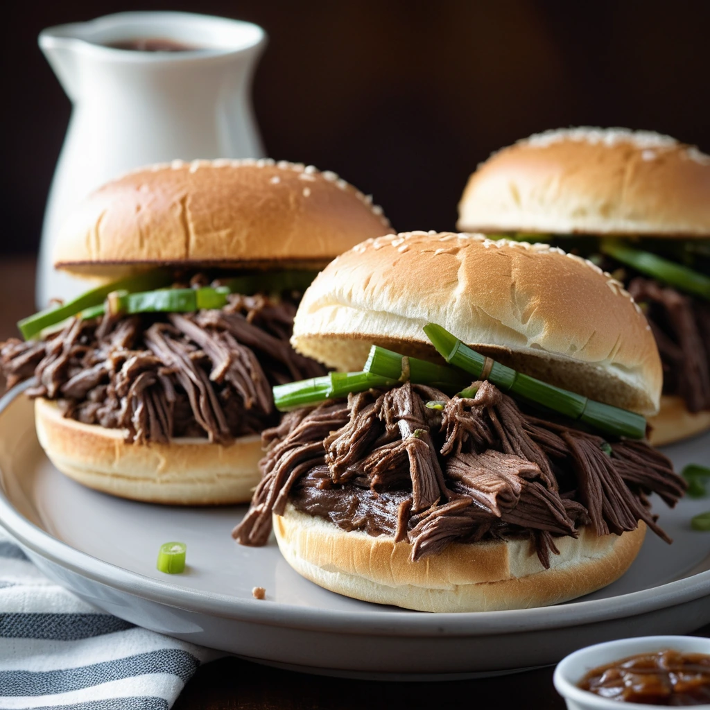 Juicy shredded beef on toasted buns with barbecue sauce and melted cheese, garnished with fresh scallions.