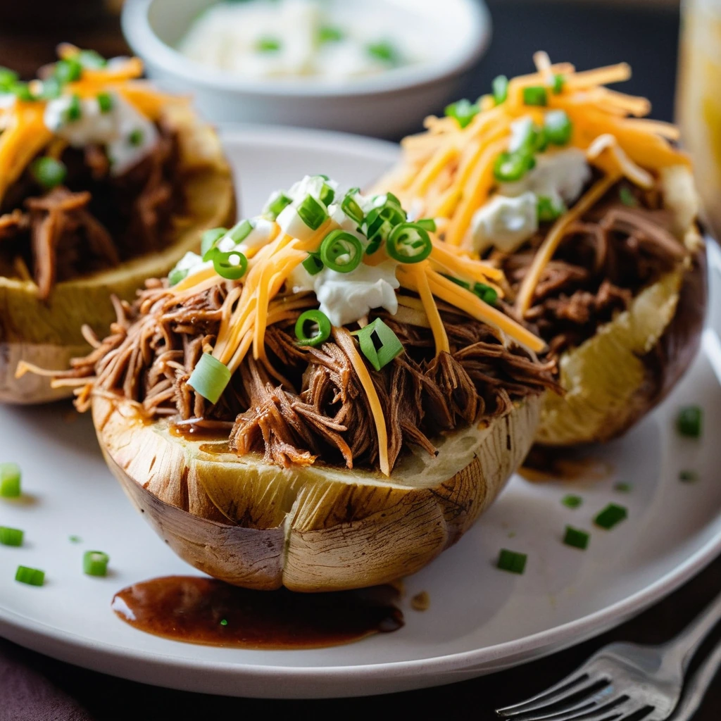 golden baked potatoes split open and filled with shredded pork and barbecue sauce, topped with melted cheese and scallions