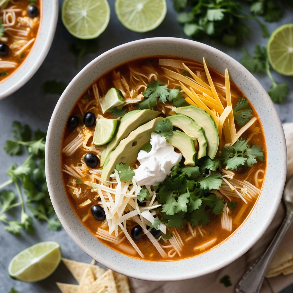 Golden bowl of chicken tortilla soup with green cilantro garnish and shredded cheese on top