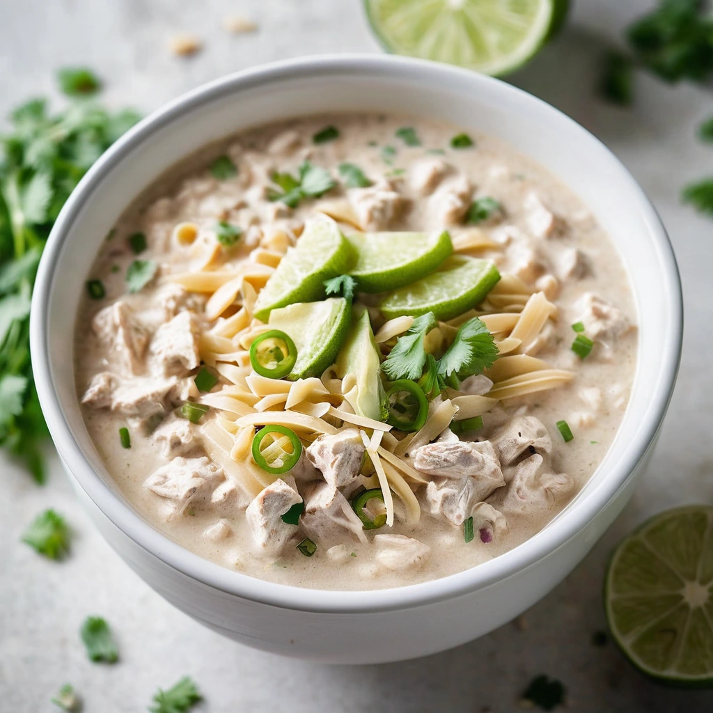 Creamy white chili in a bowl topped with green onions and shredded cheese
