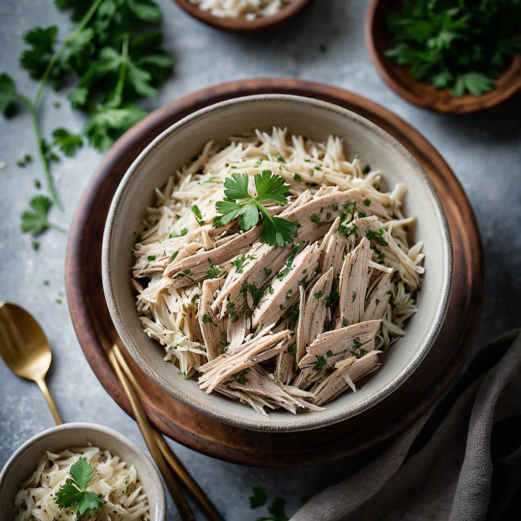 Shredded chicken in a creamy garlic herb sauce served in a rustic bowl, garnished with fresh parsley.