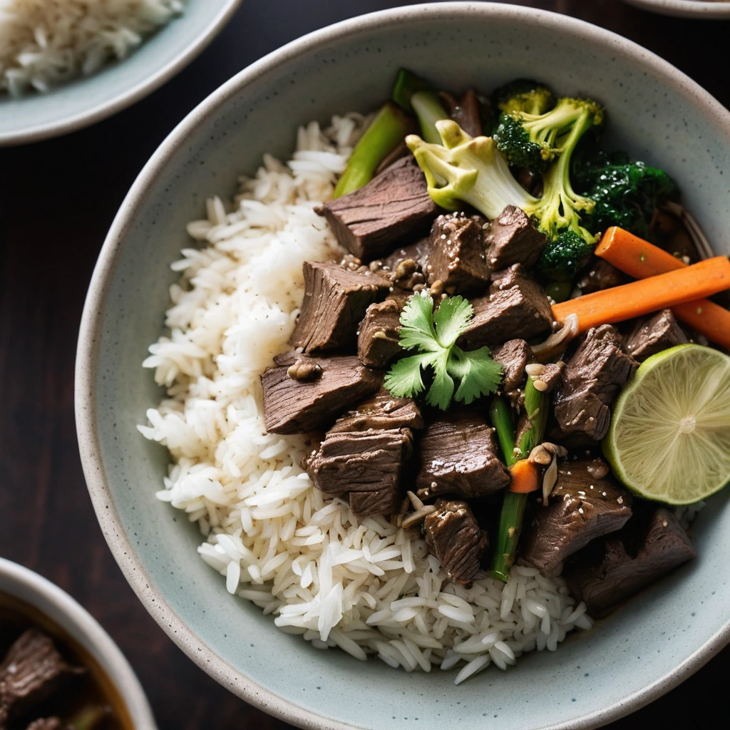Aromatic beef and mixed vegetables served over fluffy white rice in a steamy bowl.