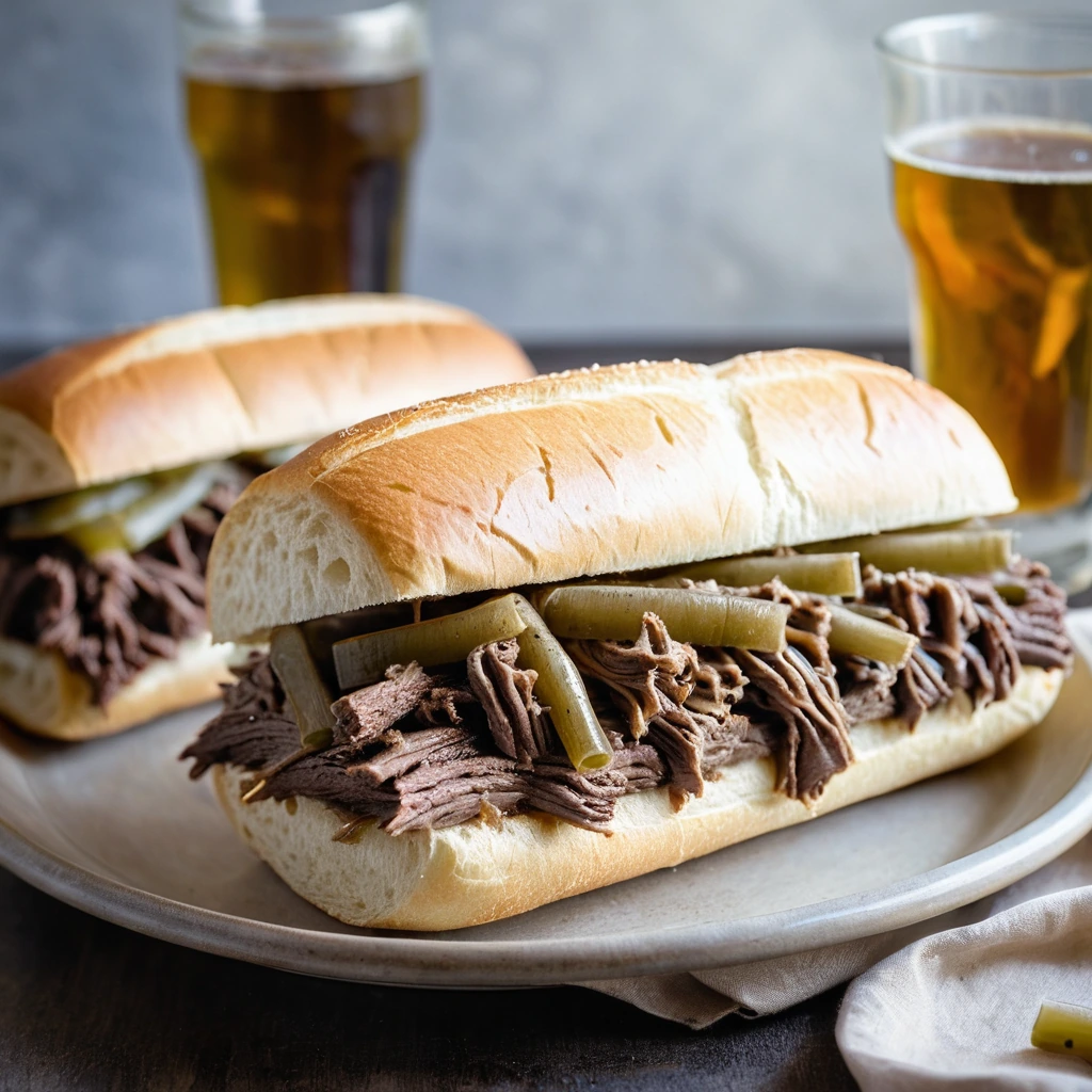 steaming beef sandwiches on crusty rolls with melted cheese and a side of au jus for dipping
