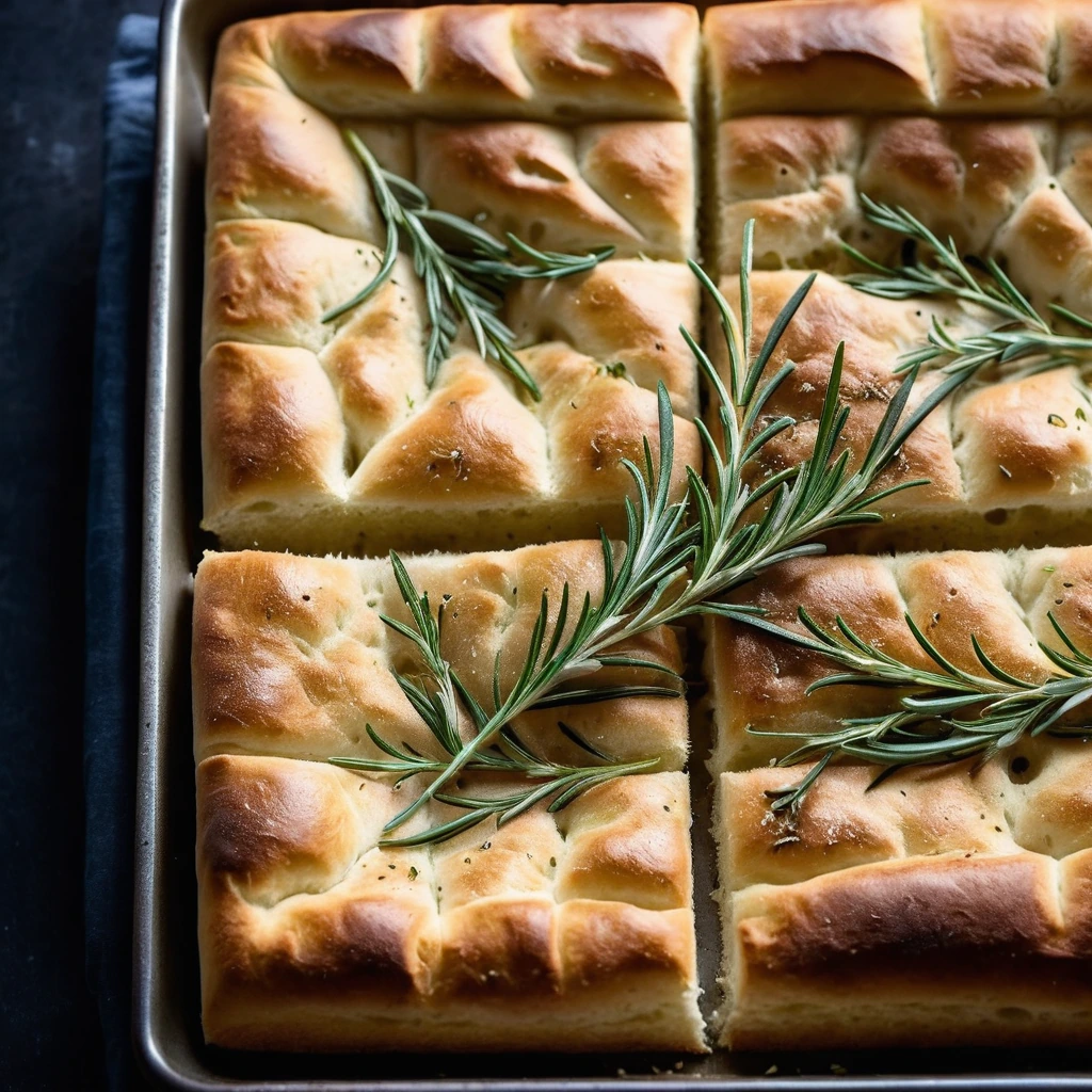 Rustic golden focaccia in a rectangular pan with dimples, topped with rosemary sprigs and garlic.