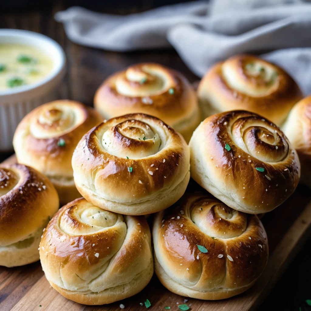 Golden brown dinner rolls with flecks of garlic nestled in a buttery glaze, arranged on a rustic wooden board.