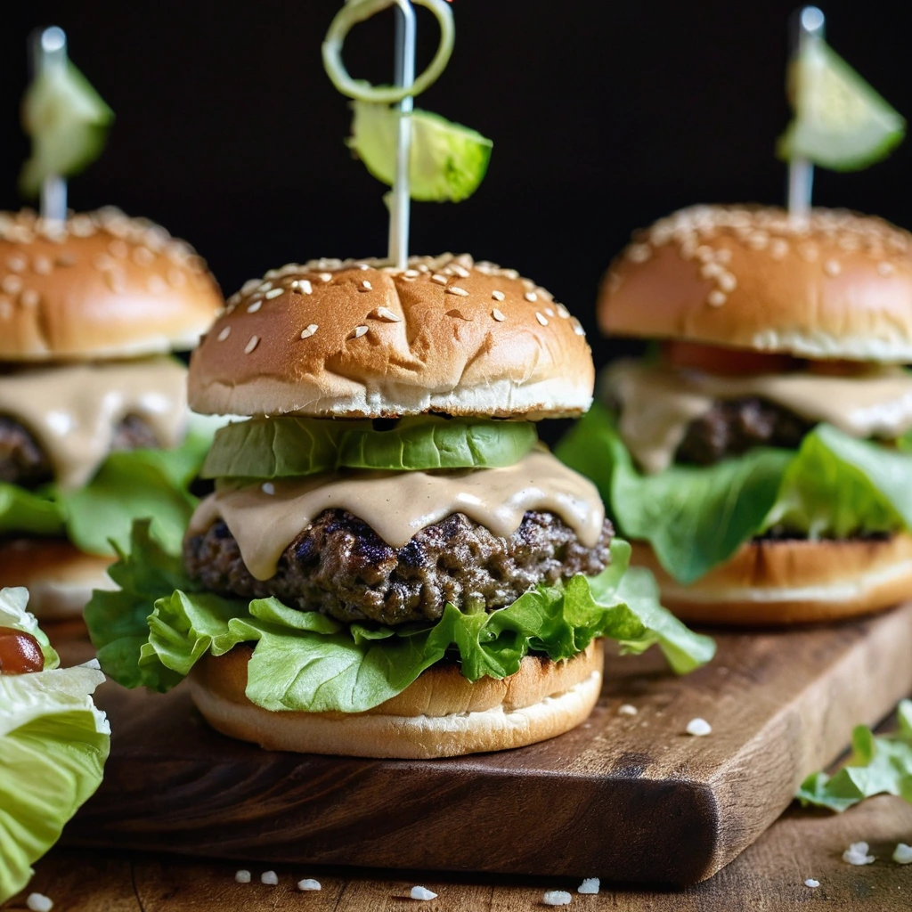 Mini burgers in sesame seed buns with lettuce and special sauce, golden and glossy on a rustic wooden board.
