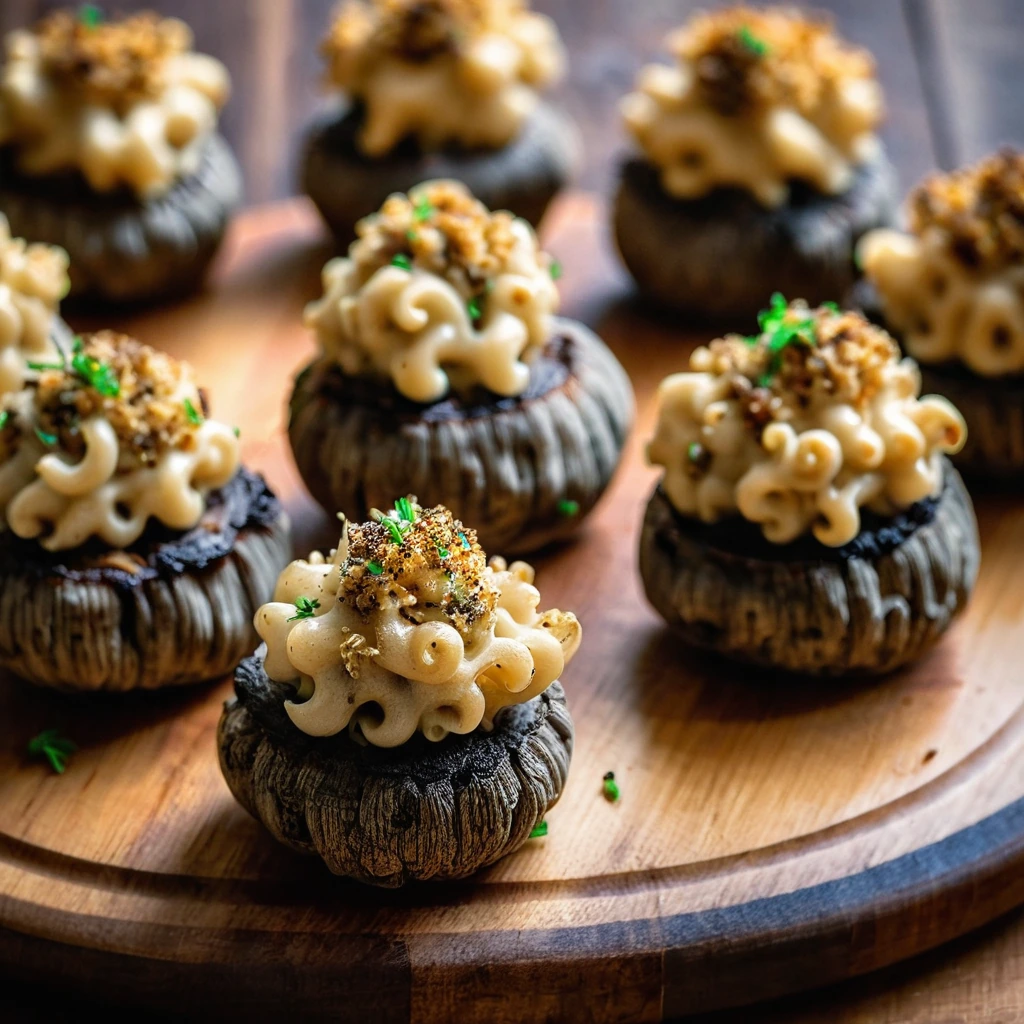 Golden mushroom caps overflowing with melted smoked gouda mac and cheese, arranged on a rustic wooden board.