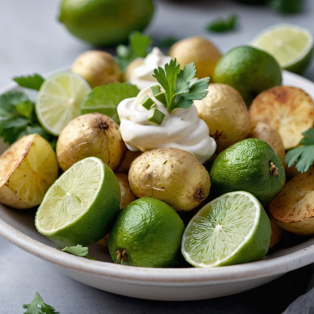 Golden aioli in a white bowl, topped with a sprinkle of paprika and a lime wedge, vibrant green potatoes in the background.