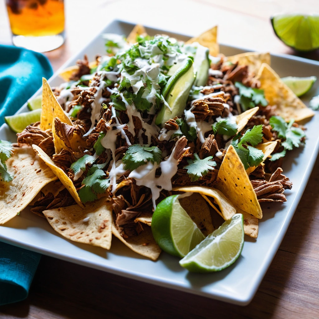 A sizzling platter of nachos with golden tortilla chips, shredded pork carnitas, melted orange cheese, and fresh cilantro and lime.