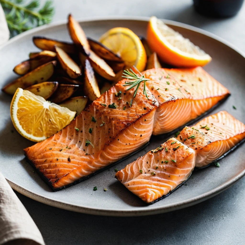 Salmon fillets and potato wedges roasted to perfection, with a vibrant orange hue from smoked paprika.