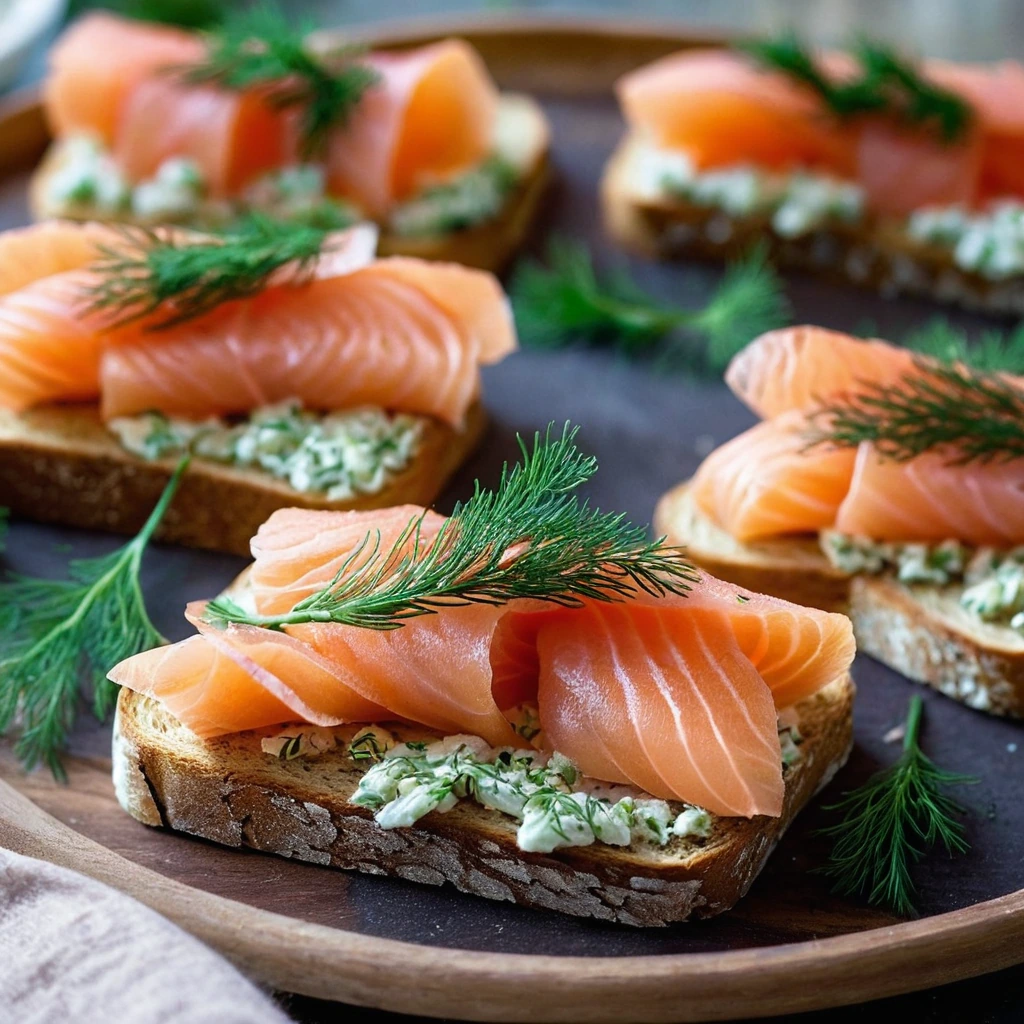 Golden toasts topped with vibrant green dill and delicate pink smoked salmon, served on a rustic wooden board.