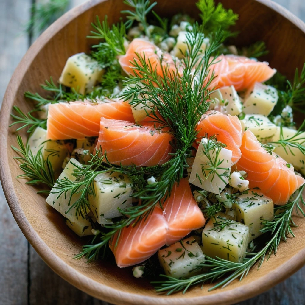 Potato and salmon salad in a wooden bowl with vibrant green dill sprinkled on top.