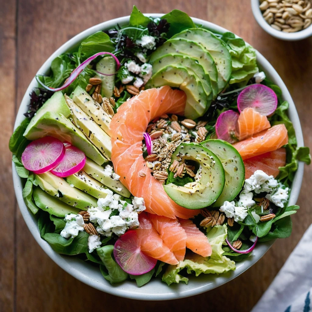Vibrant green salad bowl topped with slices of pink smoked salmon, sprinkled with everything but the bagel seasoning.