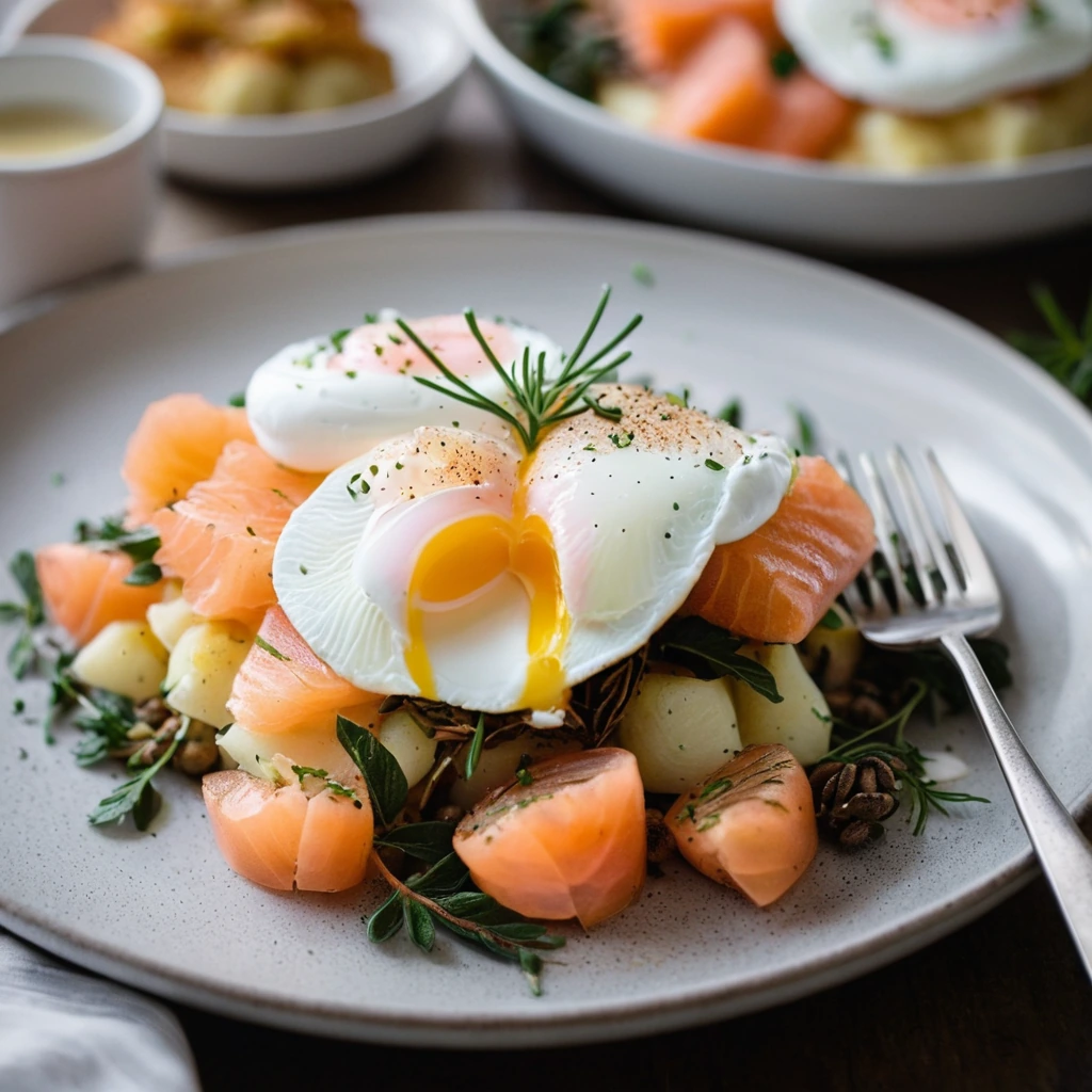 A skillet filled with golden potato hash topped with pink smoked salmon and orange yolked poached eggs.