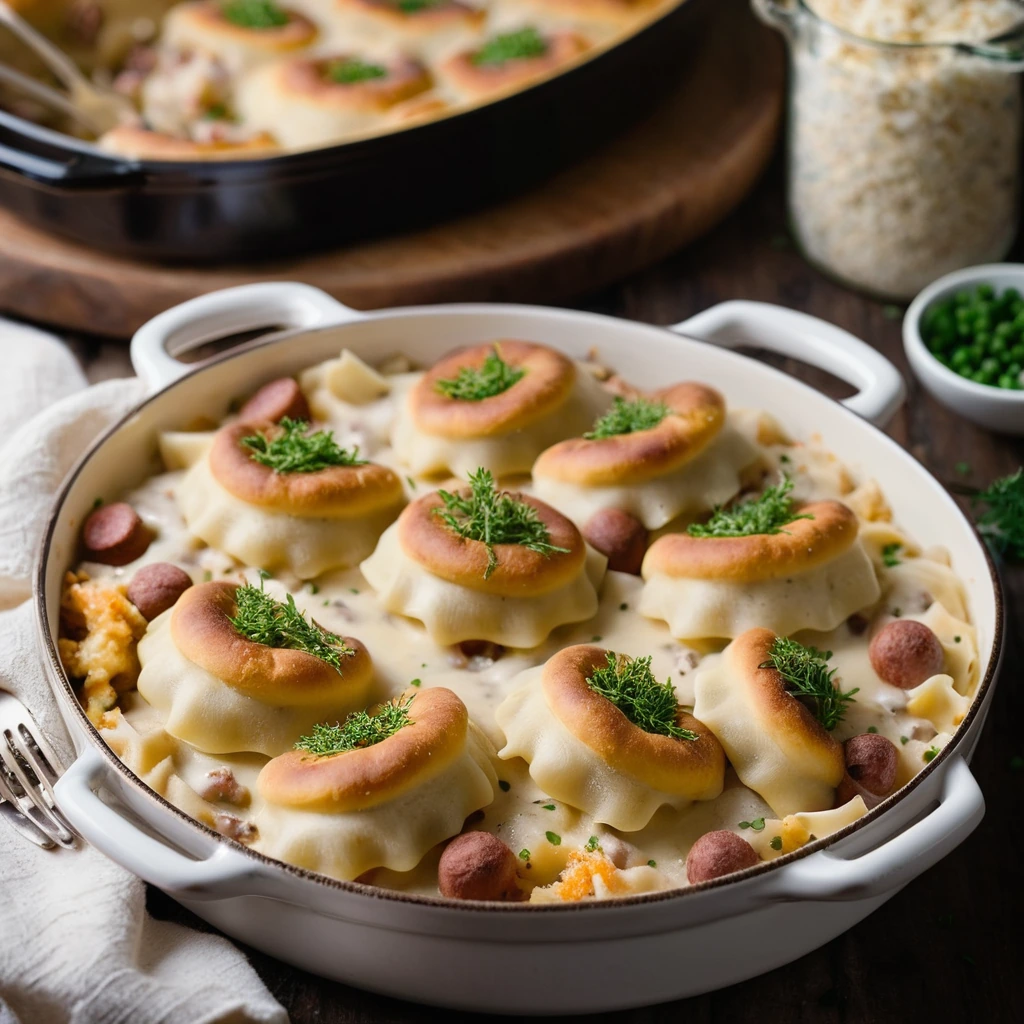 Baked casserole with golden top layer of cheese and breadcrumbs, filled with slices of smoked sausage and pierogi in a creamy sauce.