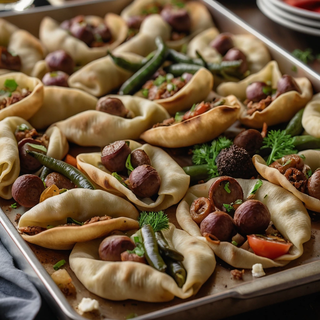 Golden pierogi and sliced smoked sausage on a sheet pan, surrounded by caramelized onions and peppers.