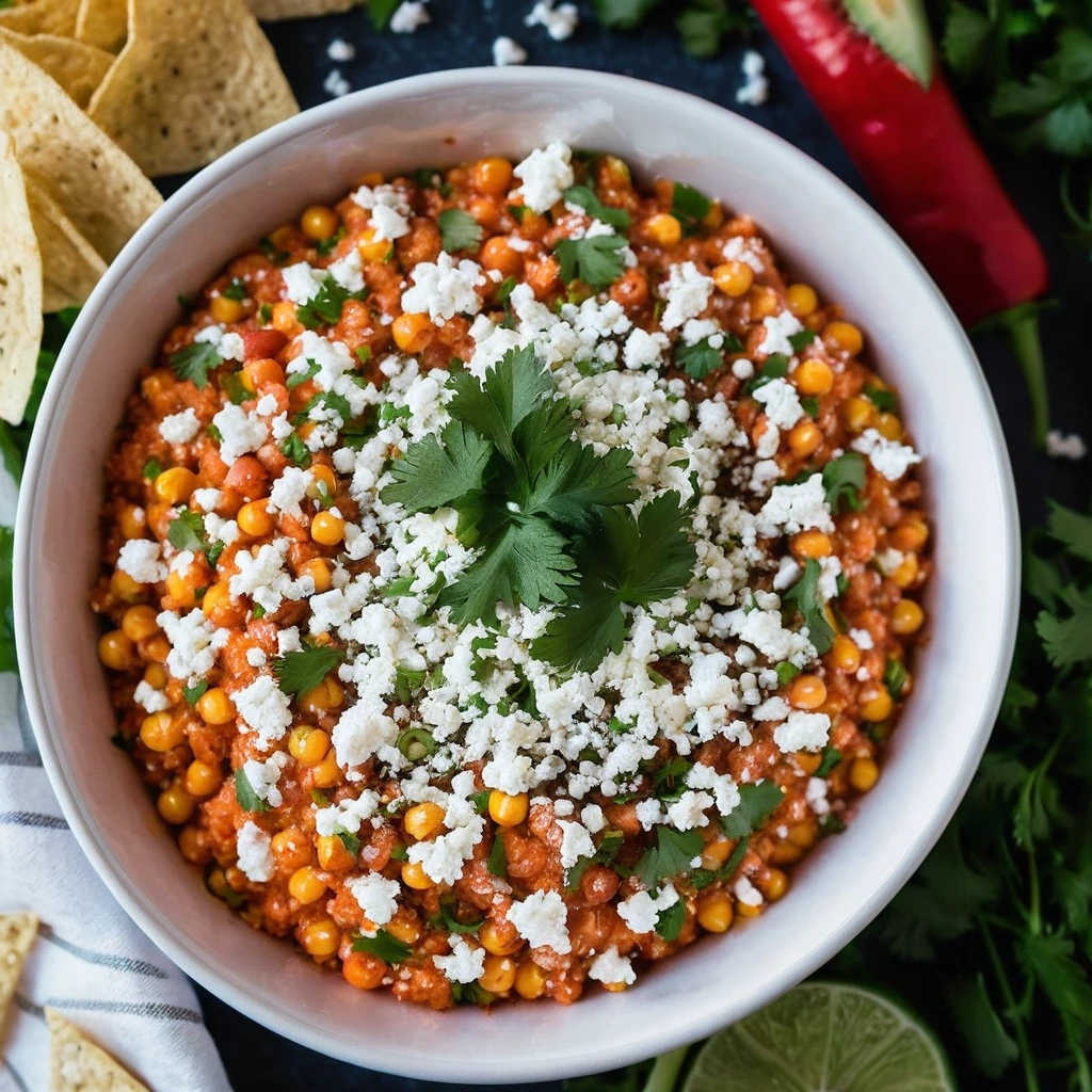 A vibrant orange dip in a white bowl, sprinkled with green cilantro and white cotija cheese, with a dusting of red tajin.