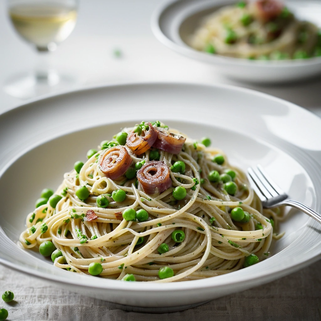 Spaghetti twirled on a fork, coated in a creamy sauce with crispy bacon and green peas.