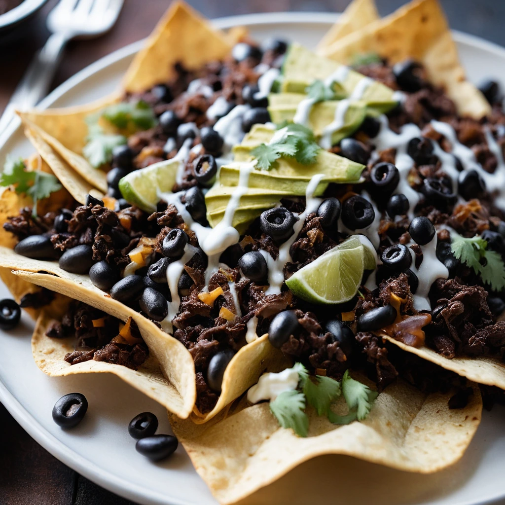 Baked nachos piled high with melted cheese, black beans, and BBQ beef on a plate.