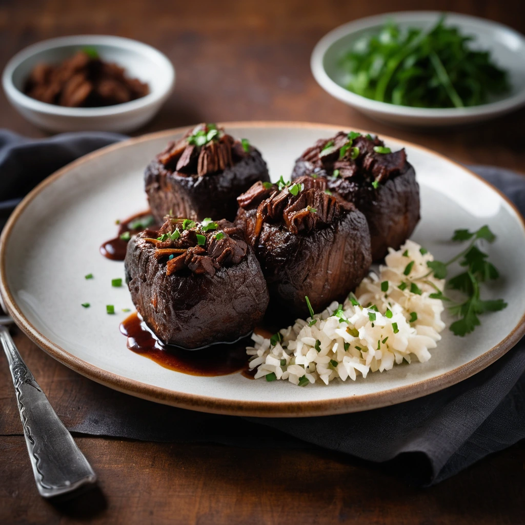 Four golden baked potatoes topped with juicy burnt ends and drizzled with dark BBQ sauce, sprinkled with fresh chives.