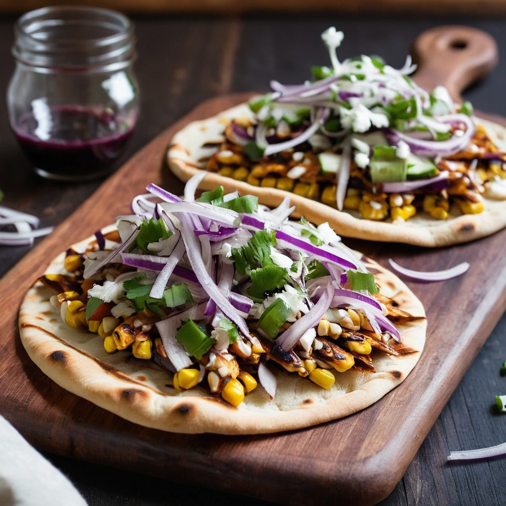 Golden flatbreads topped with shredded chicken, corn, red onions, and BBQ sauce, served on a wooden board.