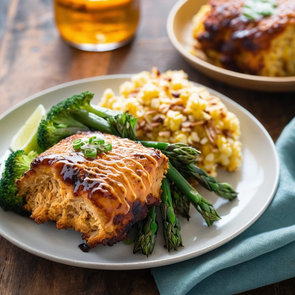Baked chicken thighs smothered in BBQ sauce and topped with a golden cornbread crust sprinkled with cheddar cheese.