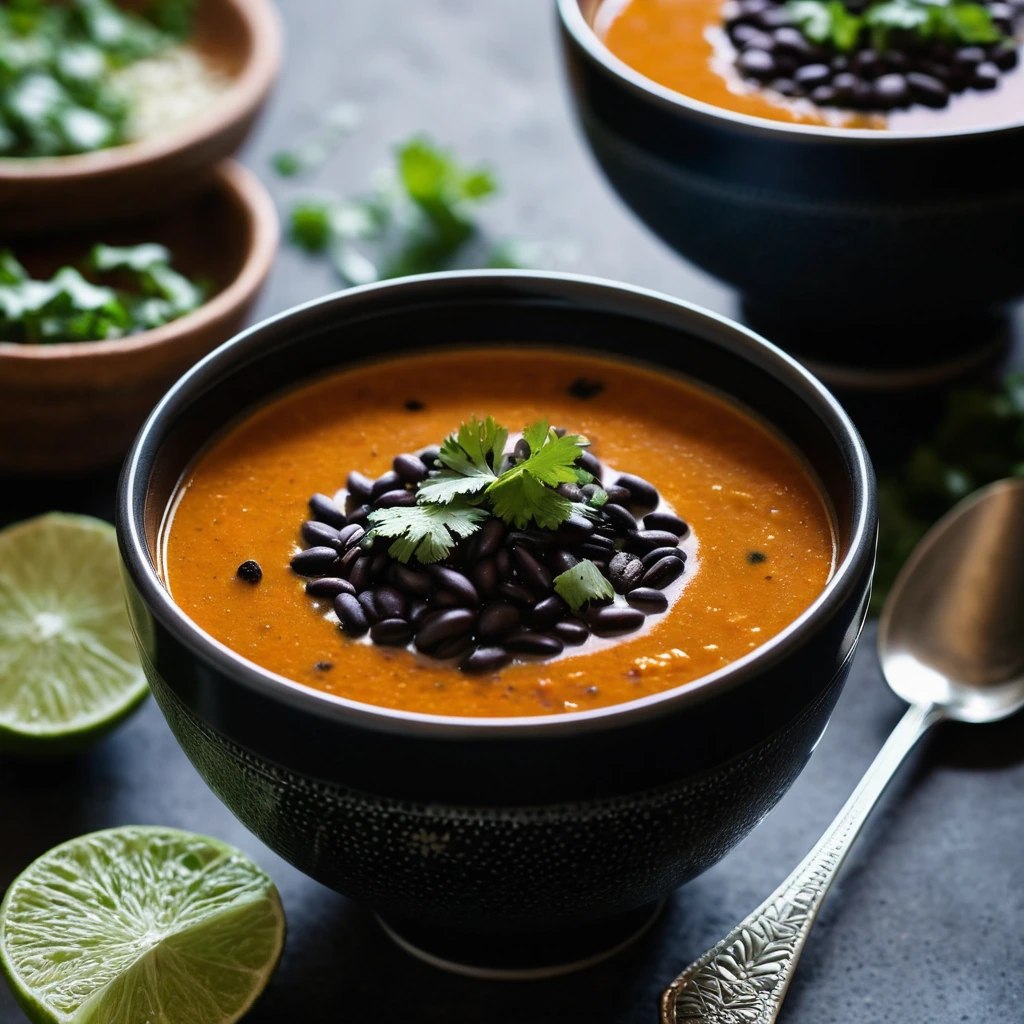 Steaming bowl of orange and black soup with a sprinkle of fresh cilantro on top