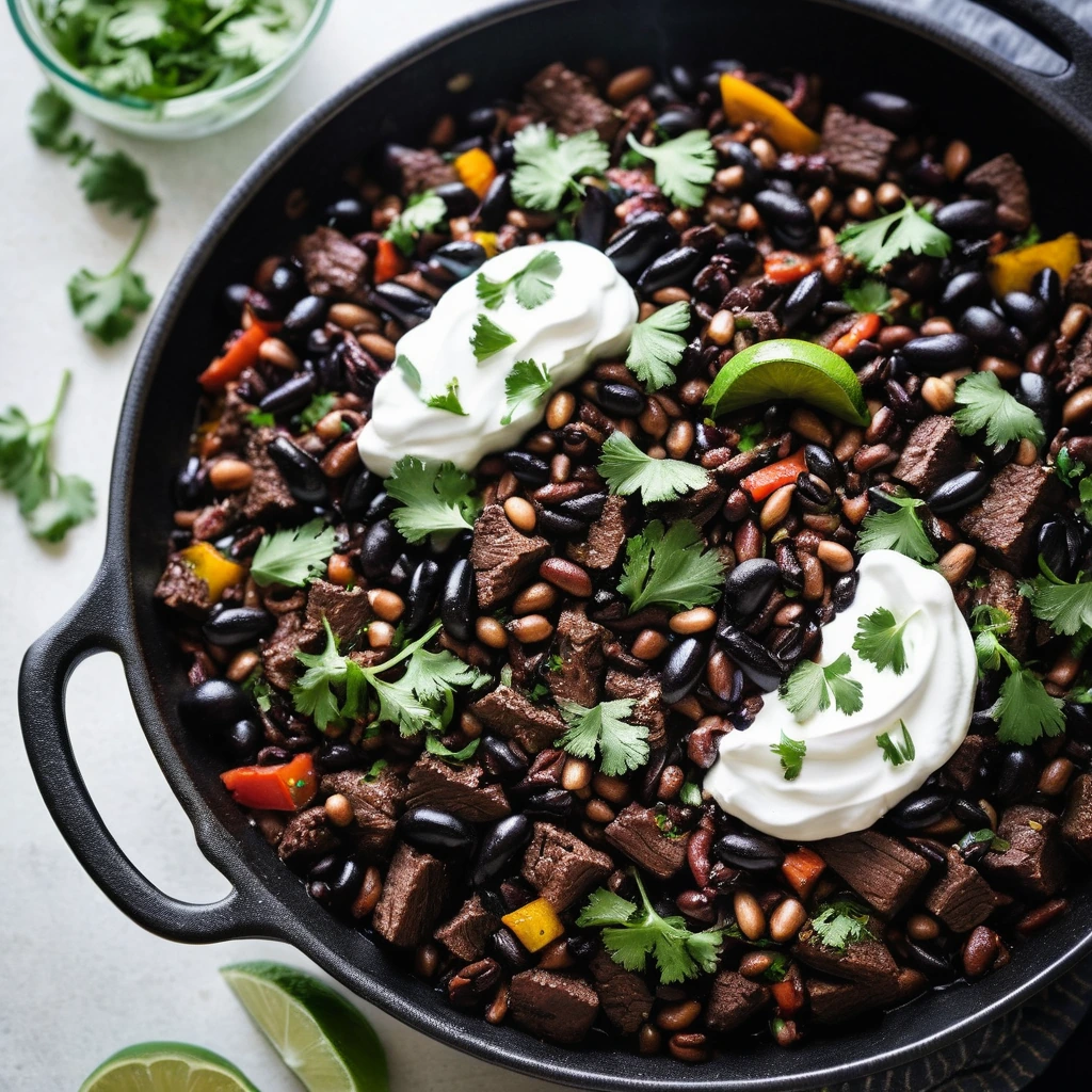 Colorful skillet dish with brown beef, black beans, peppers, and onions topped with fresh cilantro.