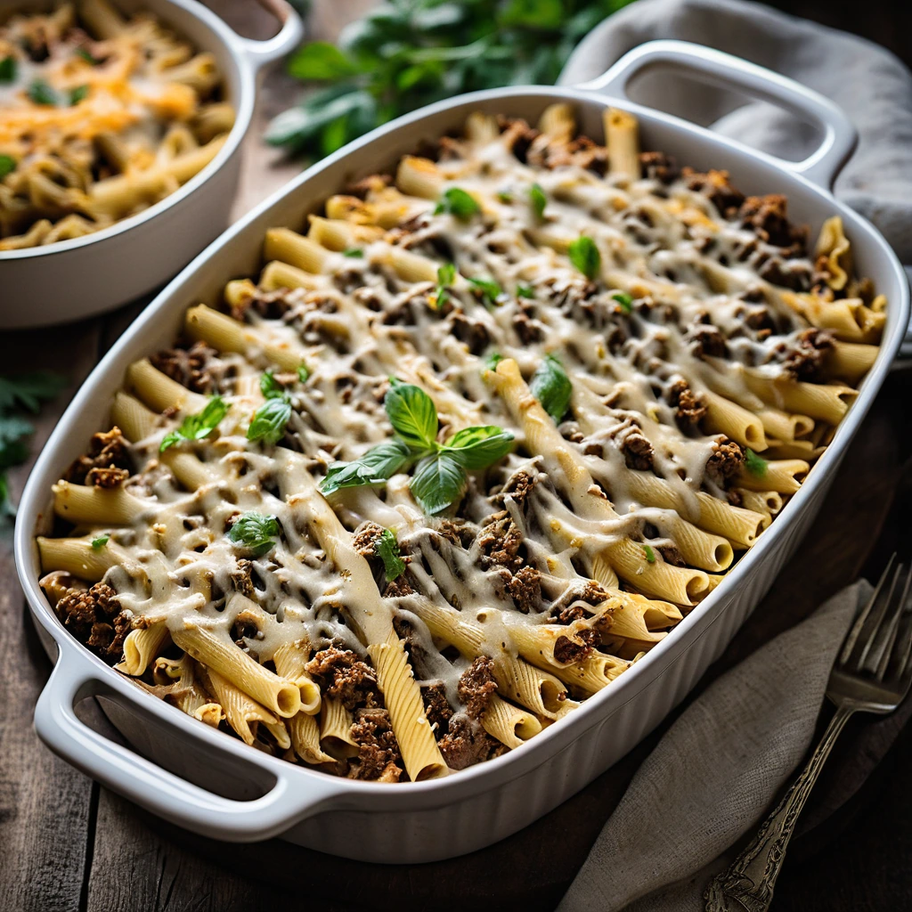 Golden bubbly pasta bake in a casserole dish, sprinkled with melted cheddar, served on a rustic wooden table.