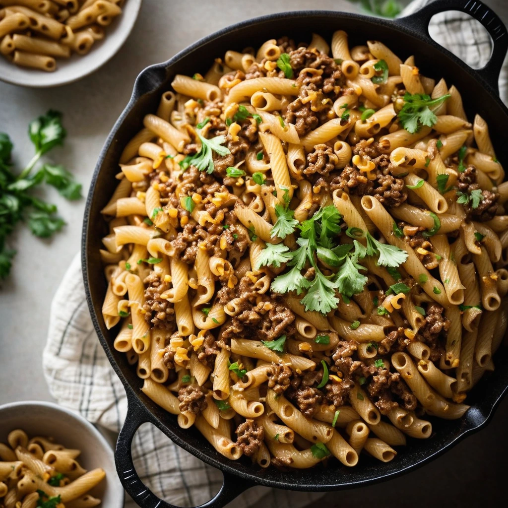 A golden-brown skillet overflowing with creamy, orange macaroni and tender beef, speckled with green onions.