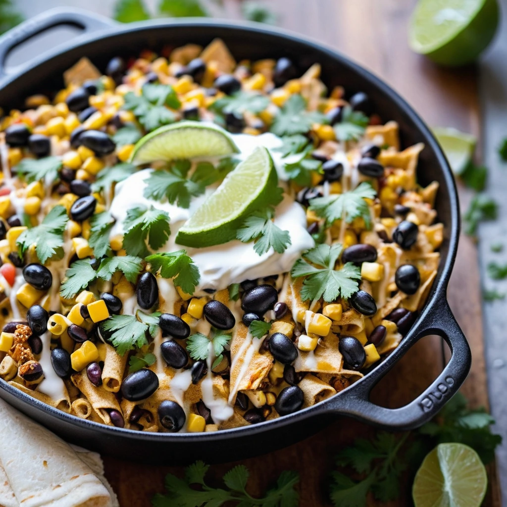 A colorful skillet with shredded chicken, black beans, corn, and melted cheese, topped with fresh cilantro.