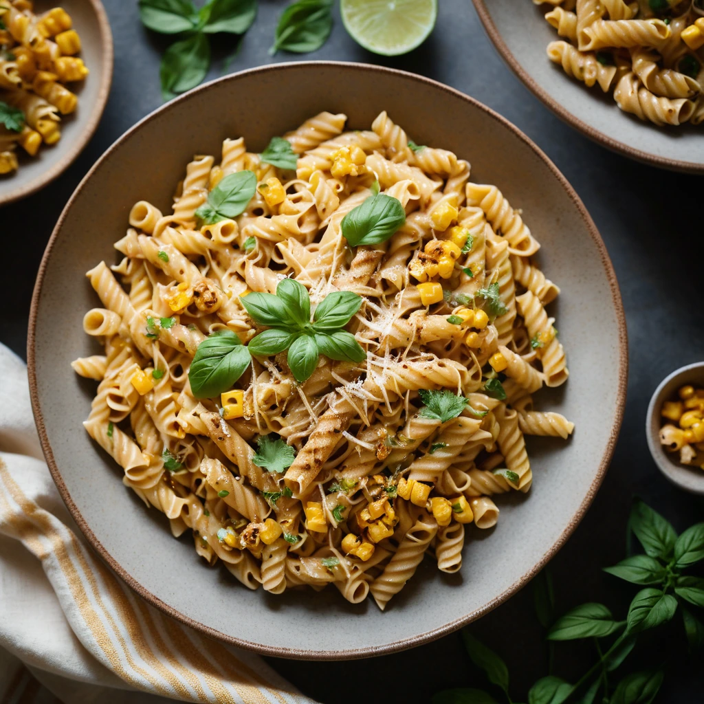 Golden pasta twirled with smoky chicken and vibrant kernels of corn in a creamy orange sauce.